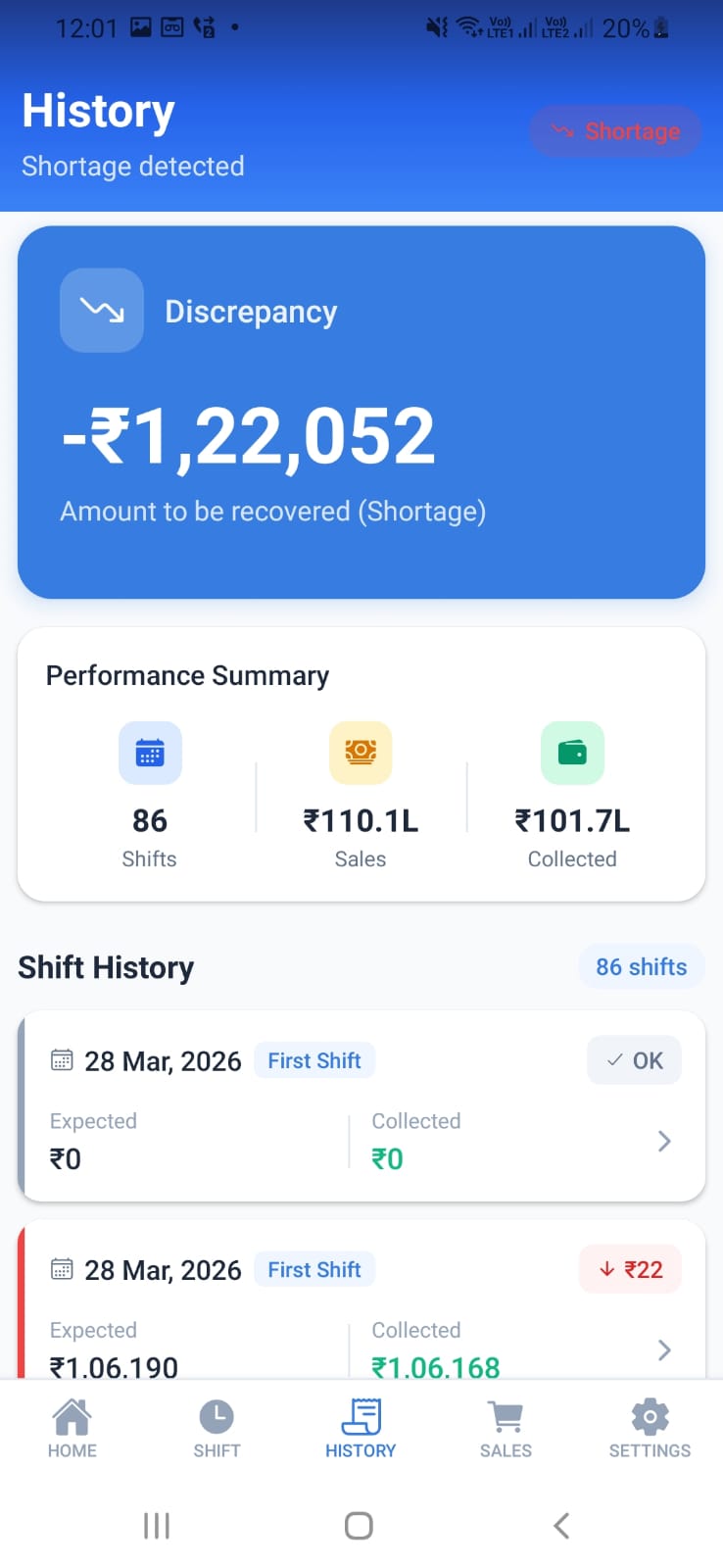 petrol pump operator transaction history